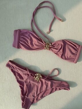 Vintage Roberto Cavalli Y2K Mauve Pink Gold Hardware Bikini Medium